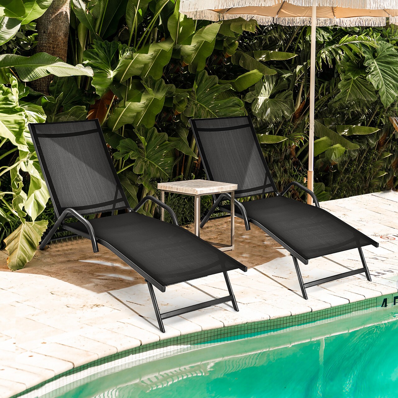 Costway 2PCS Patio Lounge Chairs Chaise Recliner 5-Position Back Adjust Armrest